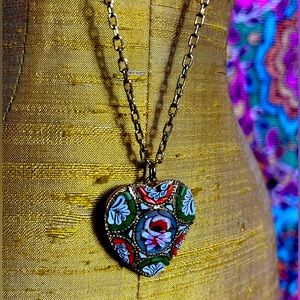 Vintage Micro Mosaic Heart Shaped Necklace and Clip on Earrings Set